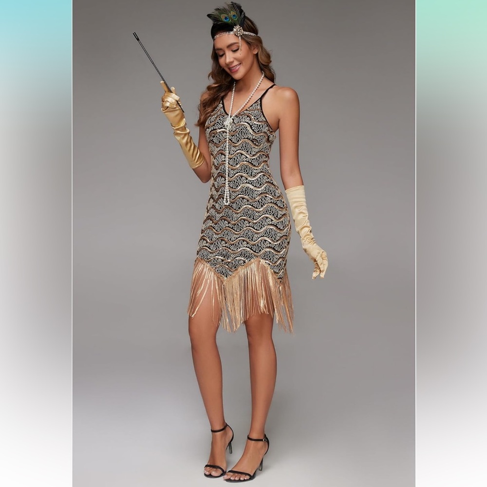 1920s Flapper Sequin Dress for Great Gatsby Elegant Gold and Black Fringe Dress
